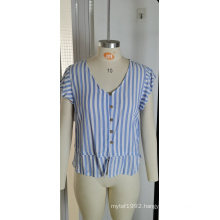 Blue Stripe V Shirt Short Sleeve Waist Top